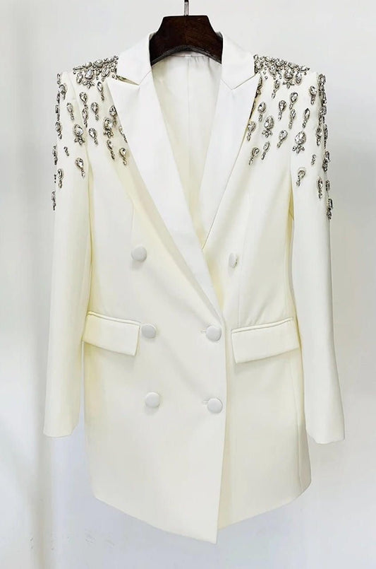 White embellished shoulder blazer dress Medium