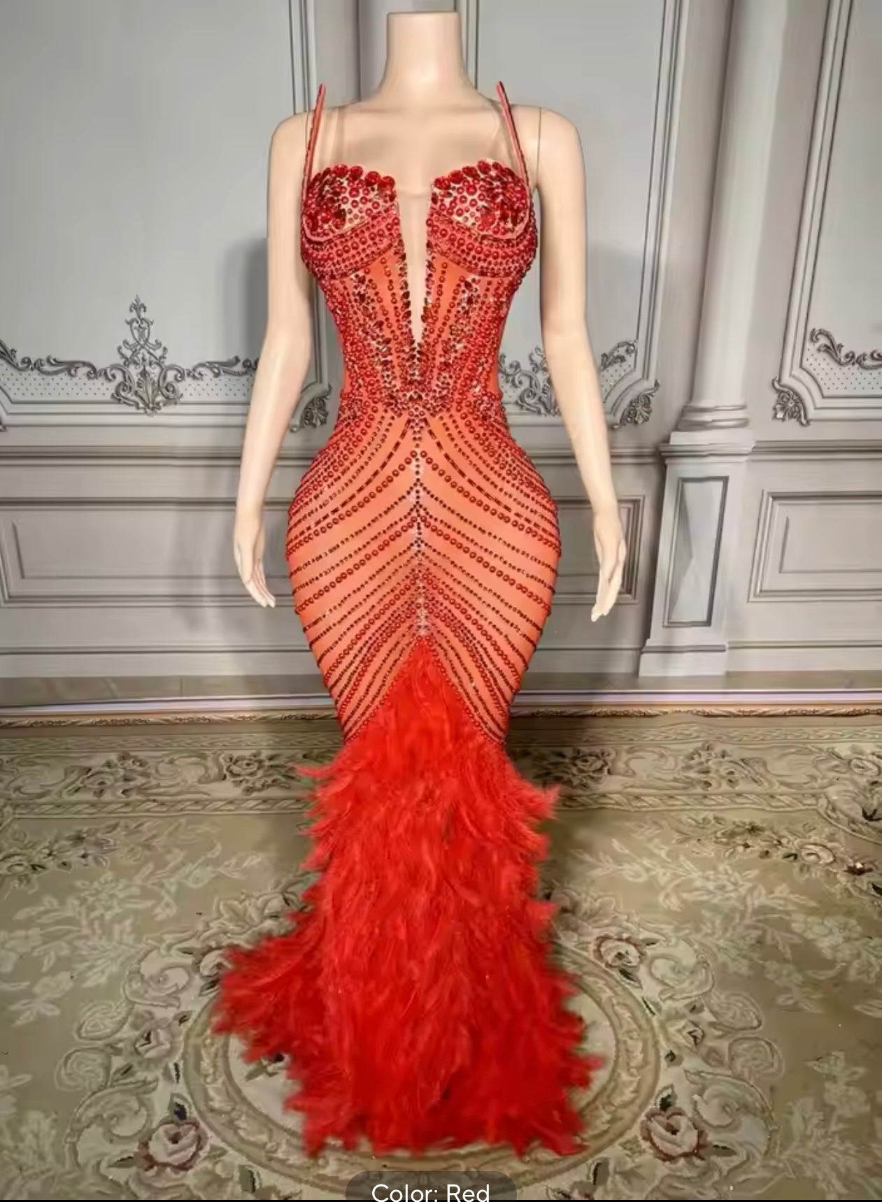 Red feather gown S-XL