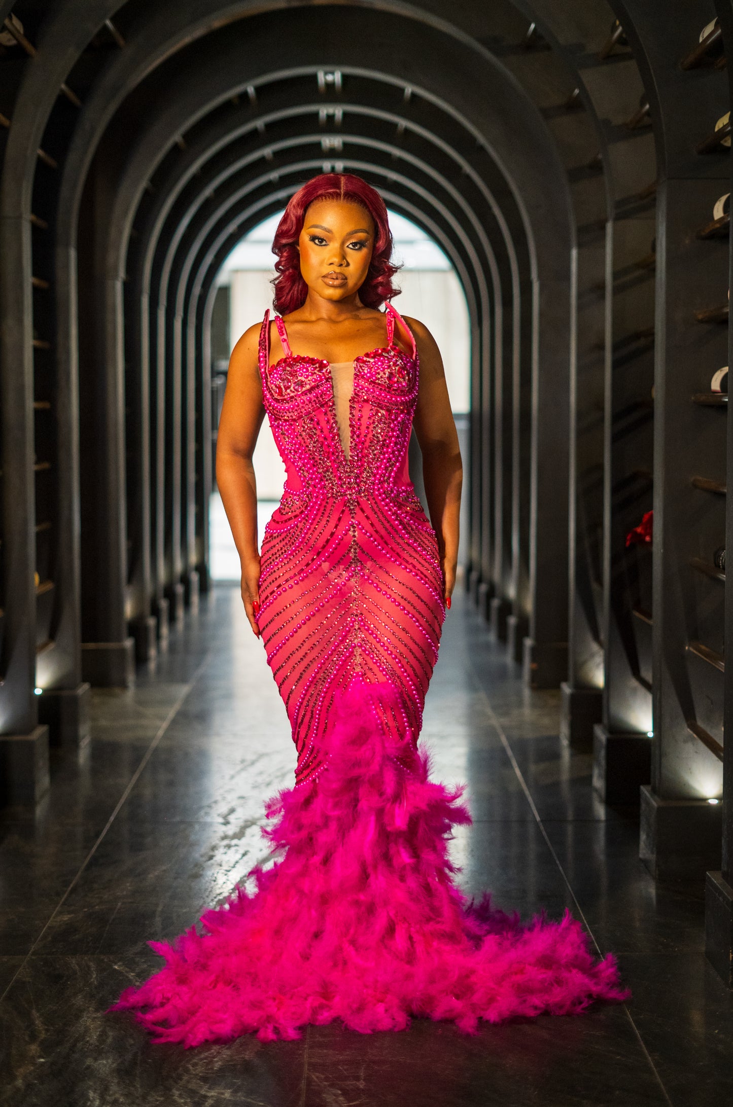 Hot pink feather gown S-XL