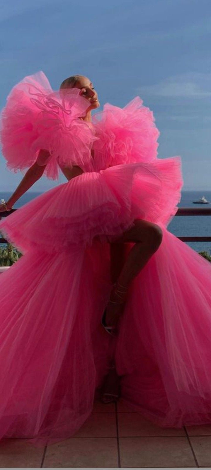 Hot pink tulle high low gown S-M