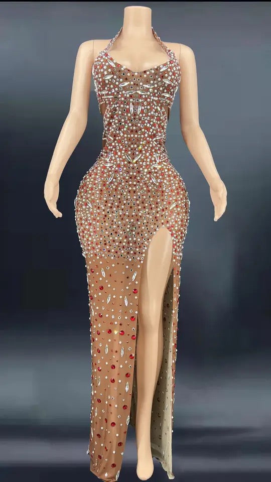 Orange bedazzled slit dress S-XL