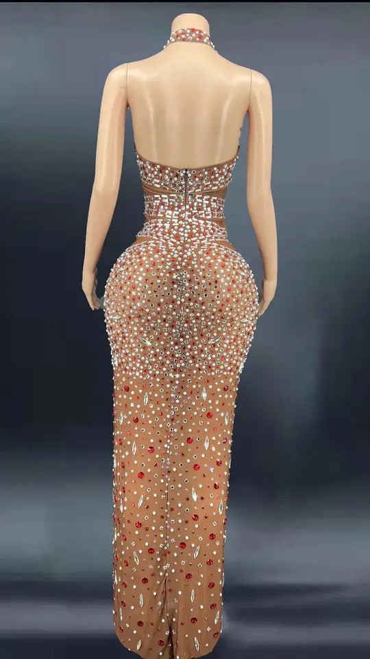 Orange bedazzled slit dress S-XL