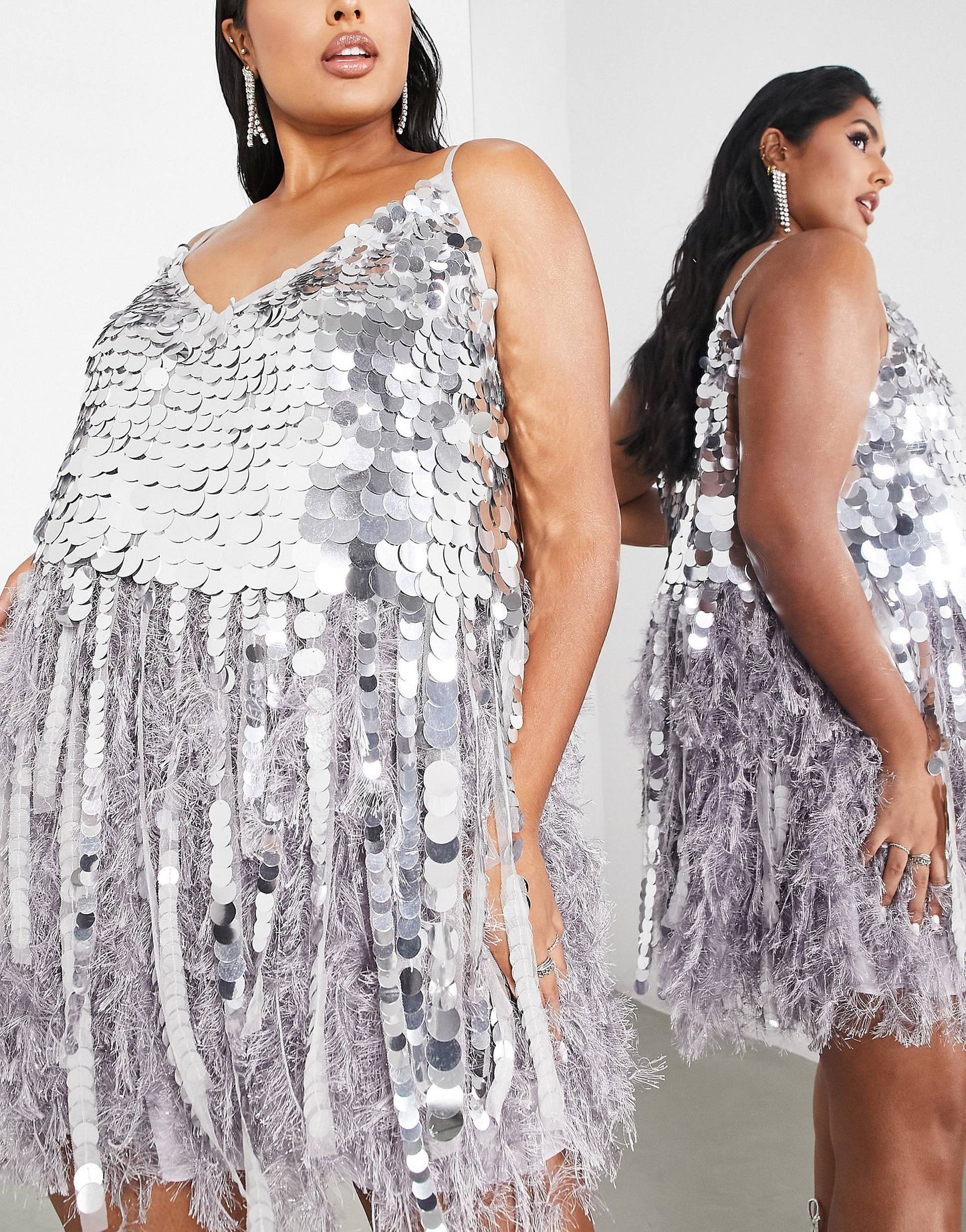 Silver sequins feather dress XXL