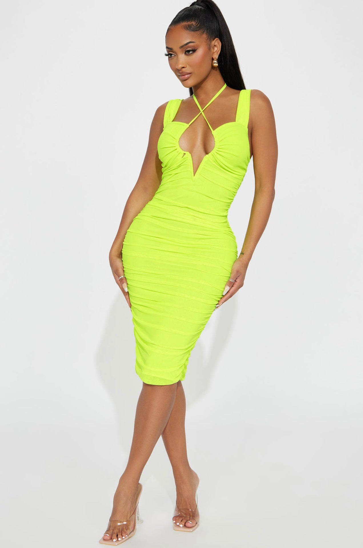 Neon green ruched dress Medium