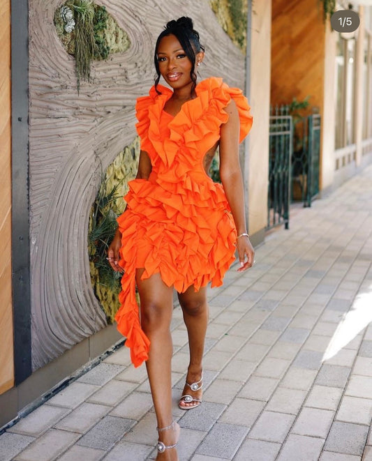 Orange backless frill dress S-M