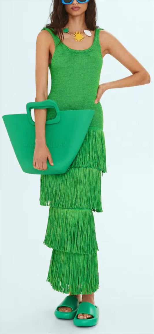 Green triple tassel dress M-L